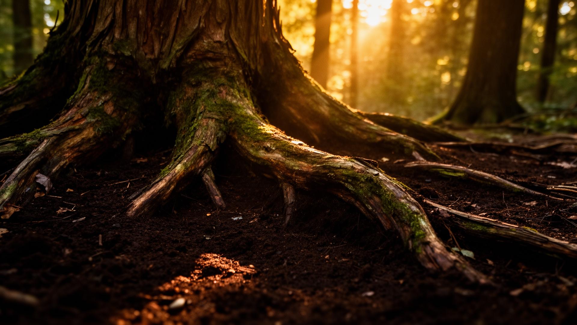 Ancient tree roots in golden forest light